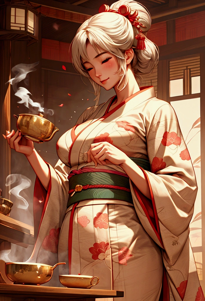 comics illustration, tea beautiful goddess making tea for ceremony, sedductive pose, great breast, wearing kimono, flip flops, not naked breast