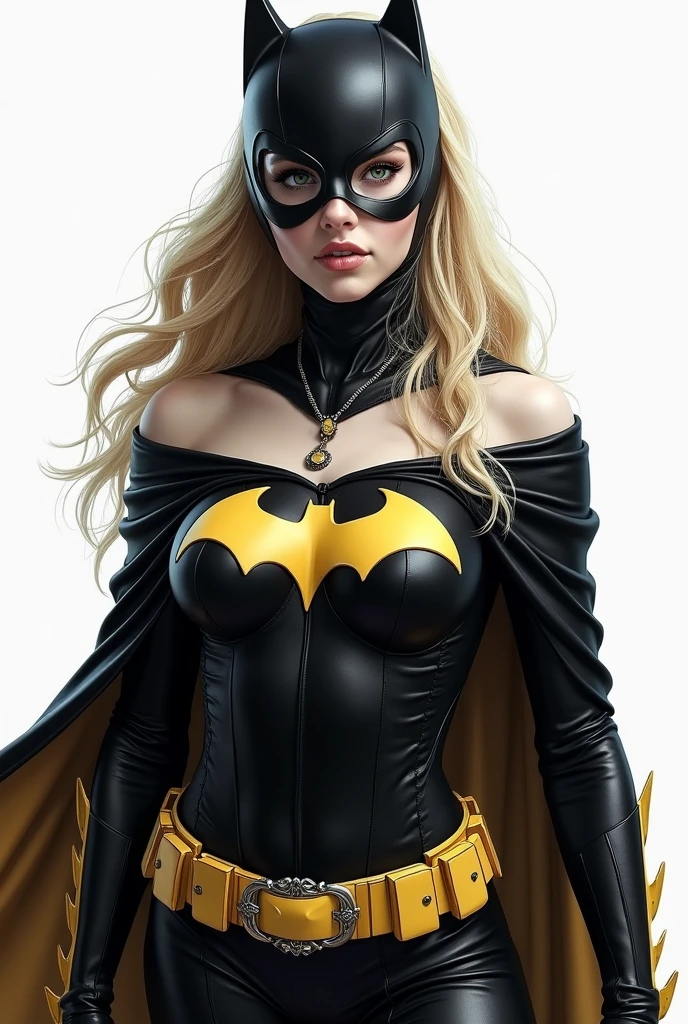 Batgirl from Batman comics, 1 girl in, 20 year, standing alone, long hair, Colossal, looking ahead at viewer, hair blonde, hair blonde, bared shoulders, greeneyes, jewerly, all-body, a necklace, off the shoulders, Sweaters, realisitic, A sexy, big boobies, Batgirl superheroines complete outfits, black andwhite(((photo by full body)))
