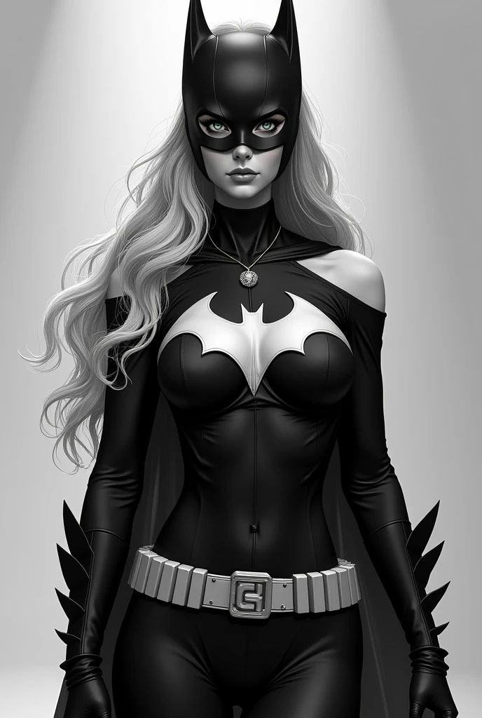 Batgirl from Batman comics, 1 girl in, 20 year, standing alone, long hair, Colossal, looking ahead at viewer, hair blonde, hair blonde, bared shoulders, greeneyes, jewerly, all-body, a necklace, off the shoulders, Sweaters, realisitic, A sexy, big boobies, Batgirl superheroines complete outfits, black andwhite(((photo by full body))) 