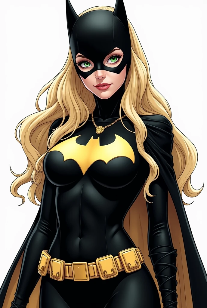 Batgirl from Batman comics, 1 girl in, 20 year, standing alone, long hair, Colossal, looking ahead at viewer, hair blonde, hair blonde, bared shoulders, greeneyes, jewerly, all-body, a necklace, off the shoulders, Sweaters, realisitic, A sexy, big boobies, Batgirl superheroines complete outfits, black andwhite(((photo by full body))) 