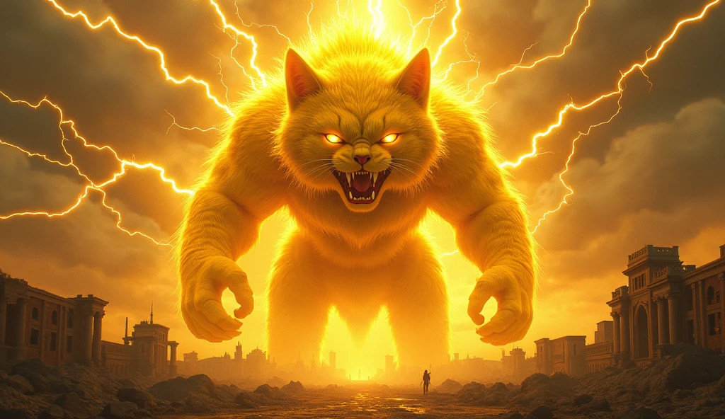 A cat, Color is yellow, god화의monster, monster, It&#39;s so big it could swallow up a city., The whole body is enveloped in lightning and electricity., Ancient city background after war, It is 100m in size, god화속세상, high detail, 8k, photorealistic, hyper realistic, god