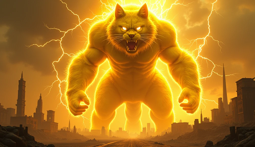 A cat, Color is yellow, god화의monster, monster, It&#39;s so big it could swallow up a city., The whole body is enveloped in lightning and electricity., Ancient city background after war, It is 100m in size, god화속세상, high detail, 8k, photorealistic, hyper realistic, god