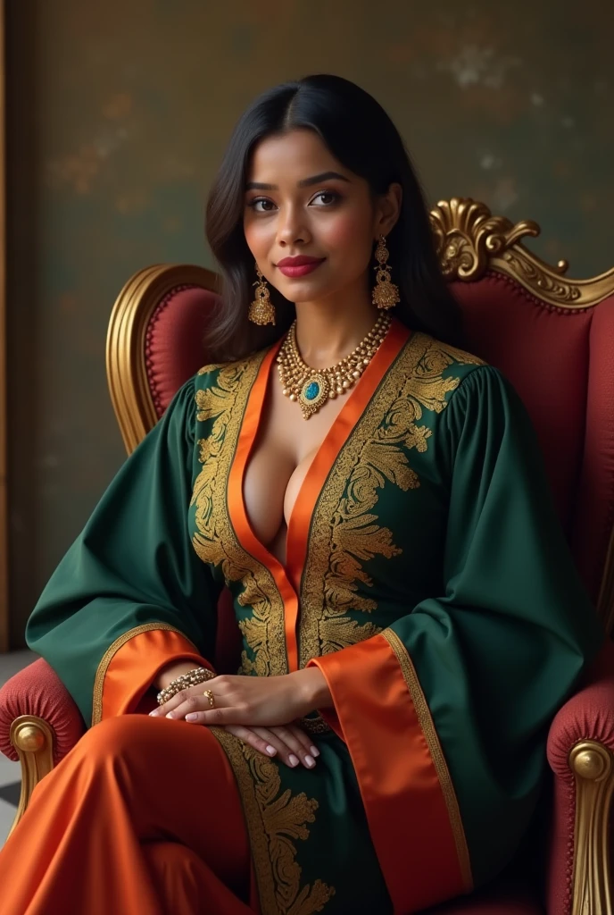 Wearing full body Academic regalia wealthy sri lankan average beautiful girl(massive big breasts and look big butt) sit in chair