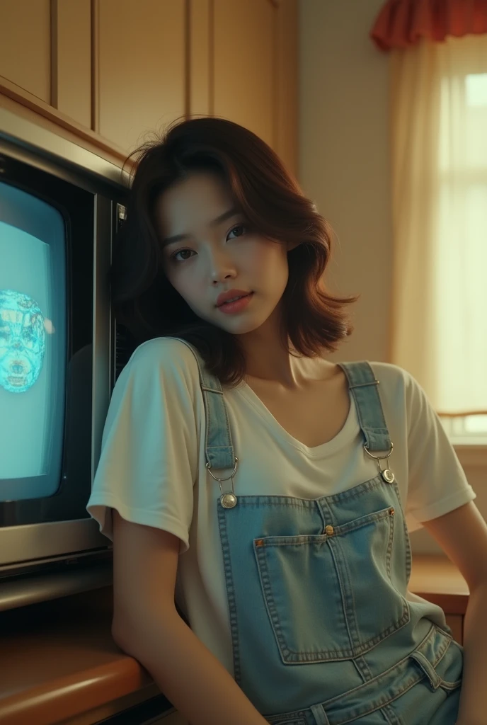 a woman leaning on a counter next to a microwave, cinematic. by leng jun, sexy young woman, shin min jeong, destroyed clothes, low res, tv capture, 🤤 girl portrait, youtube thumbnail, lower quality, crt, jaeyeon nam, tshirt, photo of a model, cindy avelino, uncropped, 4 colors, vest