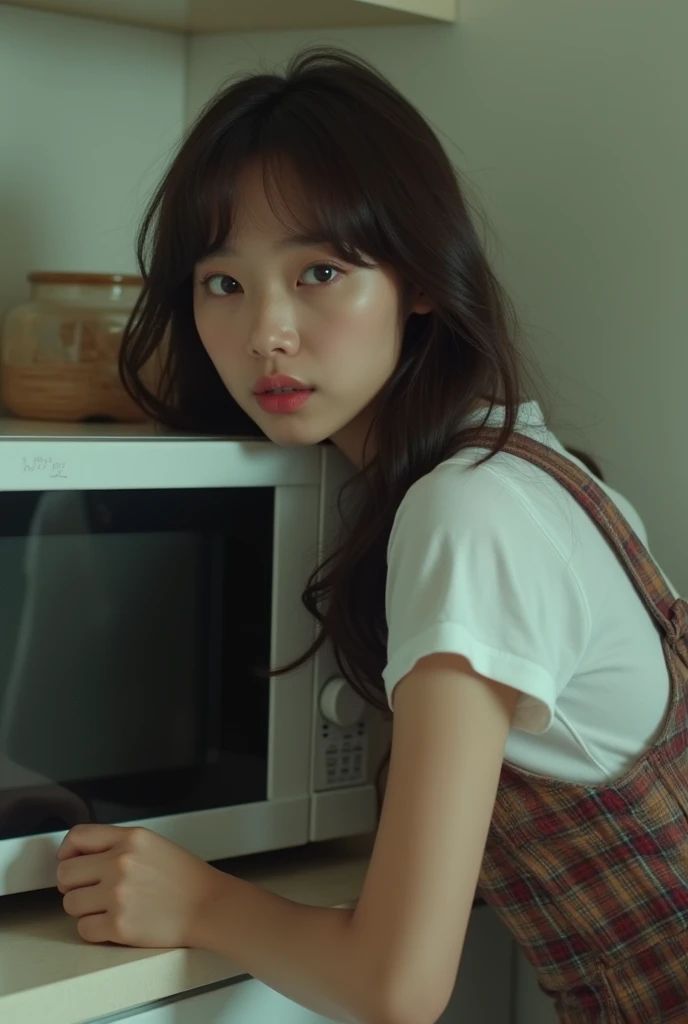 a woman leaning on a counter next to a microwave, cinematic. by leng jun, sexy young woman, shin min jeong, destroyed clothes, low res, tv capture, 🤤 girl portrait, youtube thumbnail, lower quality, crt, jaeyeon nam, tshirt, photo of a model, cindy avelino, uncropped, 4 colors, vest