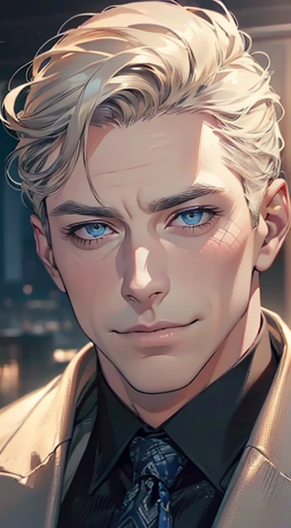 (best quality,4k,8k,highres,masterpiece:1.2),ultra-detailed,(realistic,photorealistic,photo-realistic:1.37),1 man,3,mature man,very handsome,without expression,smile,short grey golden hair,blue eyes,penetrating gaze,perfect face without errors,imposing posture,businessman,office background,cinematic lighting,hdr image
