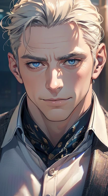 (best quality,4k,8k,highres,masterpiece:1.2),ultra-detailed,(realistic,photorealistic,photo-realistic:1.37),1 man,3,mature man,very handsome,without expression,smile,short grey golden hair,blue eyes,penetrating gaze,perfect face without errors,imposing posture,businessman,office background,cinematic lighting,hdr image