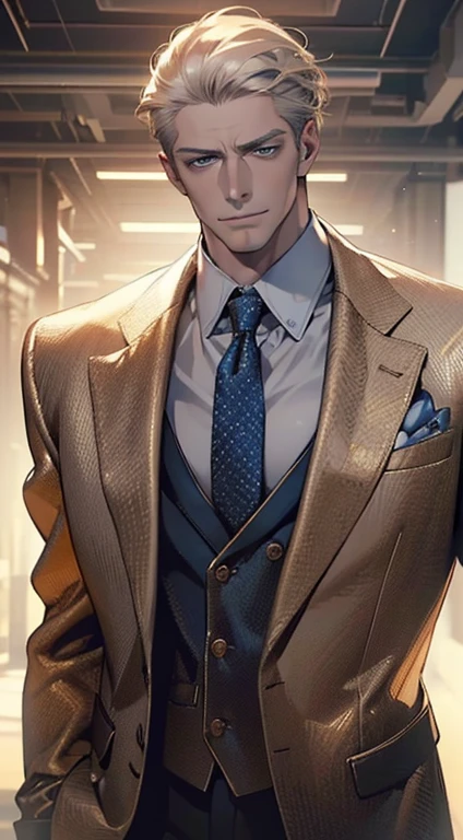 (masterpiece, best quality:1.3),beautiful detailed glow,best illuminate,(((best quality,textile shading,ultra detailed))),extremely detailed CG unity 8k wallpaper,Highly Detailed beautiful and aesthetic,best light,high resolution,detailed,dynamic lighting , 1Character , pastel washed out colors , cell shade , soft, muted shades ,gentle colors
He wears a well-tailored, navy blue blazer with gold buttons, subtle pinstripes on the lining, white button-down shirt with a clean, straight collar, The shirt is neatly tucked into his trousers, His trousers are pleated and navy blue, He ties a burgundy and gold striped tie neatly around his collar,
Handsome man , White hair , very Short hair, ((crew cut hair style:1 )) , Blue eyes , light skin , ((muscular:1)),masculine ,age 28,