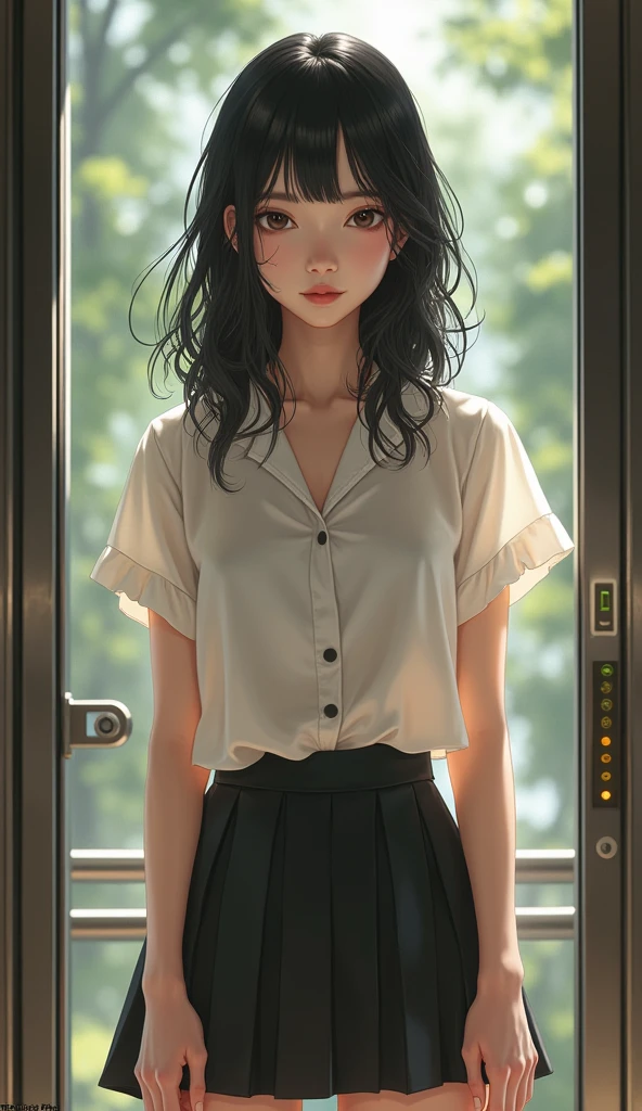 (masterpiece, best quality, 1girl, 4, japanese woman, semi-long black hair, wearing short sleeve blouse, mini skirt, inside an elevator, upper body, natural light)