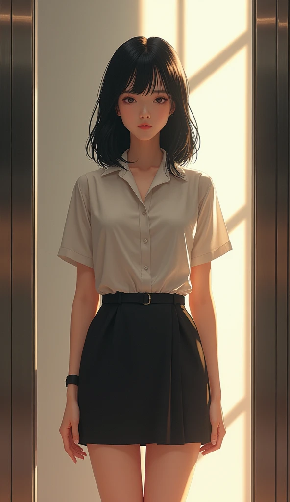 (masterpiece, best quality, 1girl, 4, japanese woman, semi-long black hair, wearing short sleeve blouse, mini skirt, inside an elevator, upper body, natural light)