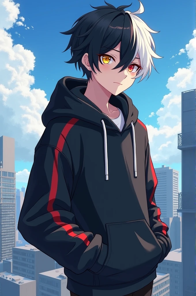 A aesthetic Cool anime boy with black and white hair his left eye is yellow colour and right eye is red colour Wearing hoddie and standing on top of high building rooftop 