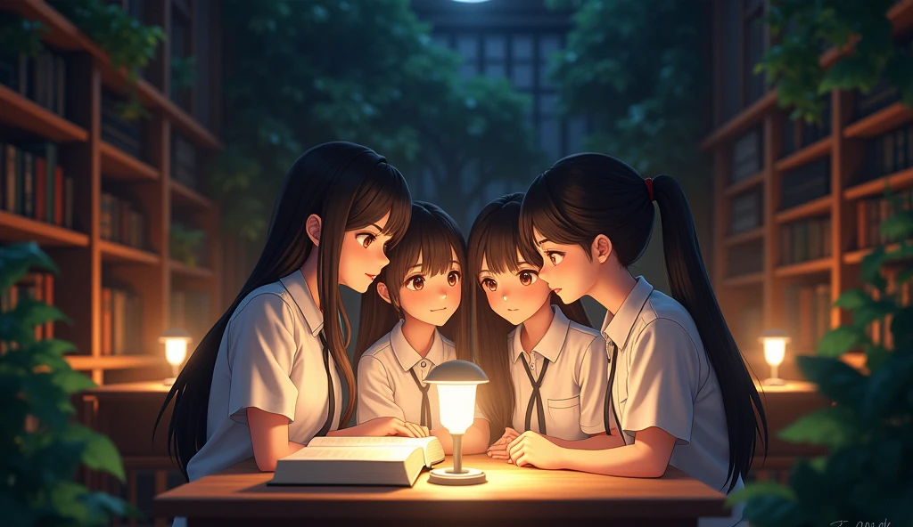 3d anime style, A group of students wearing white shirts gathered in a dimly lit library, their faces illuminated by the warm glow of the reading lamps. They whisper secrets about a mysterious, hidden garden within the university grounds.