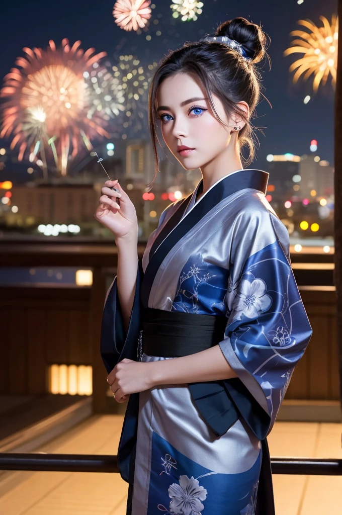 gender:woman
hairdo:Bun hair color:Silver color expression:Cool clothes:Black kimono eye color:Blue Eyes Location:firework