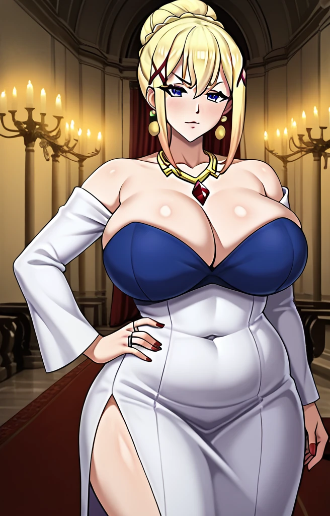 Darkness lalatina,konosuba,Big breast,Plump,Curvy figure,Golden bracelet,Half open eyes,((multi-strand necklace)),Big pearl earring,Mature,thin Classy dress,Cleavage,diamond Wedding ring,Enchanced breast,Cross hairpin,Corrupted noble,red color long nail,Queen anne cleavage,Blonde,Majestic mansion,1hand on hips,No bang hair,Noble rings,modern anime quality,Sleeve,Tight thights,Konosuba anime artstyle,Swaying hips,bun hair,light Eyeshadow,Colorless glossy Lipstic,flirty expression,Enchanched ass,Unnatural big breast,Detailed face