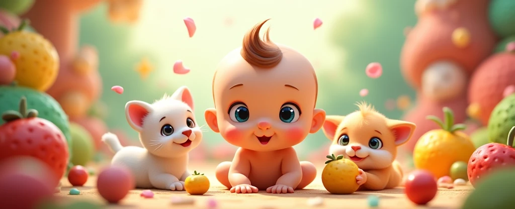 A cute baby having cute hair style playing with cute toys and cute animals and cute fruits characterd 3D cartoon