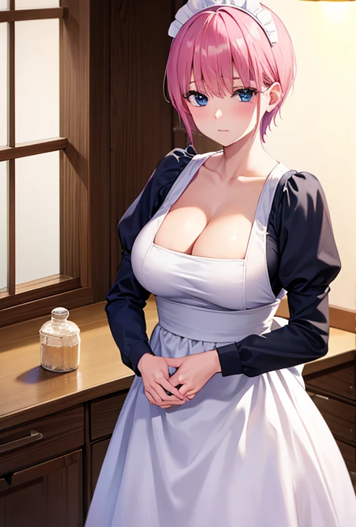 Shooting in the kitchen,Show the whole body,One Can Be, Ichika Nakano, Short Hair, Bangs, Blue eyes, Hair between the eyes, Pink Hair,Big Breasts,Cleavage,Maid outfit,White and black maid