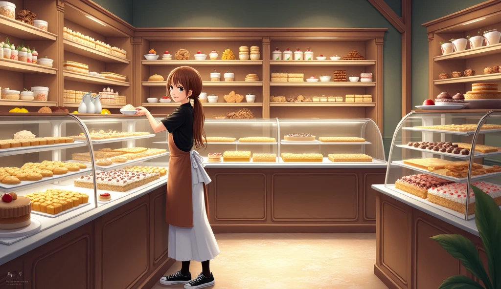 Large pastry shop with 8 shelves with cakes, cookies, sandwiches, cupcakes, pretty girl ponytail clear face brunette decorating cake, big eyes girl&#39;s smile black blouse and brown apron honey colored eyes long white skirt black tennis shoes big table with flour, 
