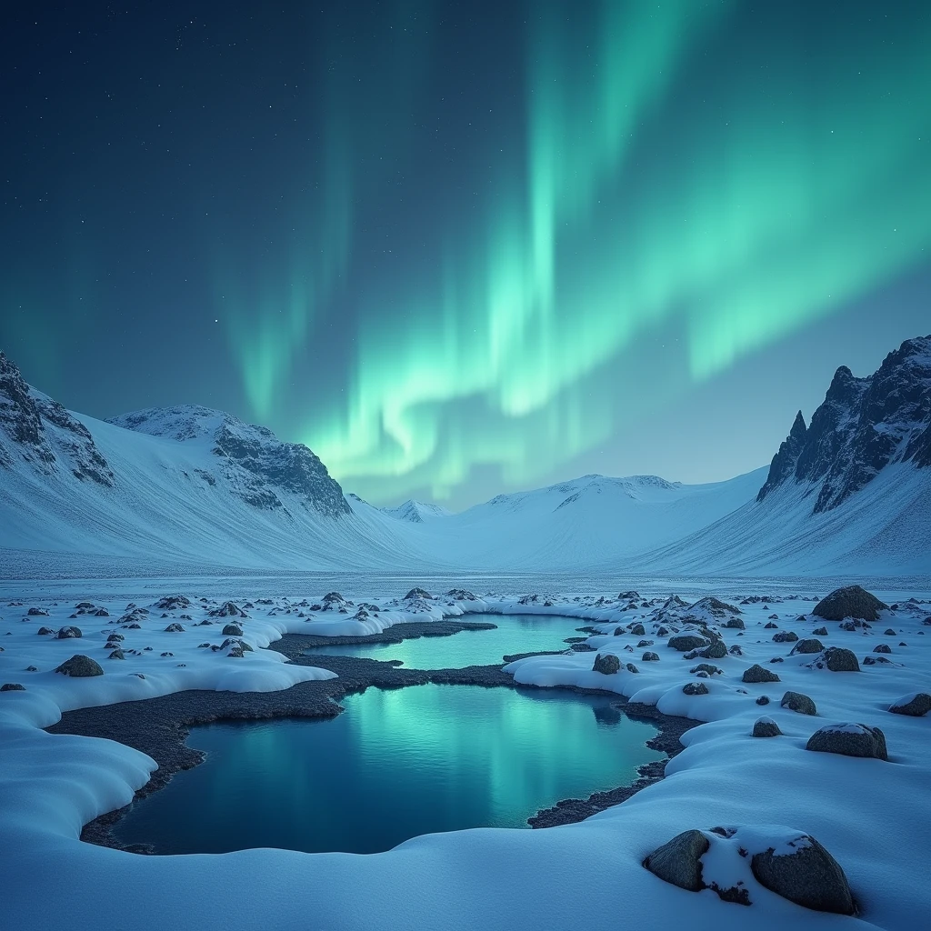 Snow Scenery, Iceland is known for its unique terrain. In winter, golden auroras dance in the cold night sky, complementing the ice and snow, forming a beautiful picture. Iceland also has enchanting attractions such as Blue Lake hot springs and glacial lakes, (best quality, masterpiece, photorealistic), very aesthetic, perfect composition, intricate details, ultra-detailed, vivid colors