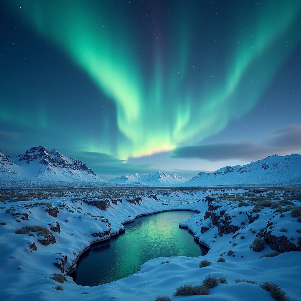 Snow Scenery, Iceland is known for its unique terrain. In winter, golden auroras dance in the cold night sky, complementing the ice and snow, forming a beautiful picture. Iceland also has enchanting attractions such as Blue Lake hot springs and glacial lakes, (best quality, masterpiece, photorealistic), very aesthetic, perfect composition, intricate details, ultra-detailed, vivid colors