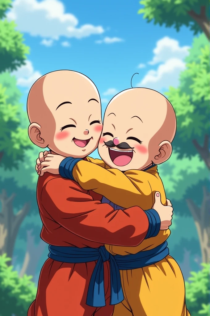 Krillin from dragon ball along with master happosai from ran a 1/2 hugging smiling