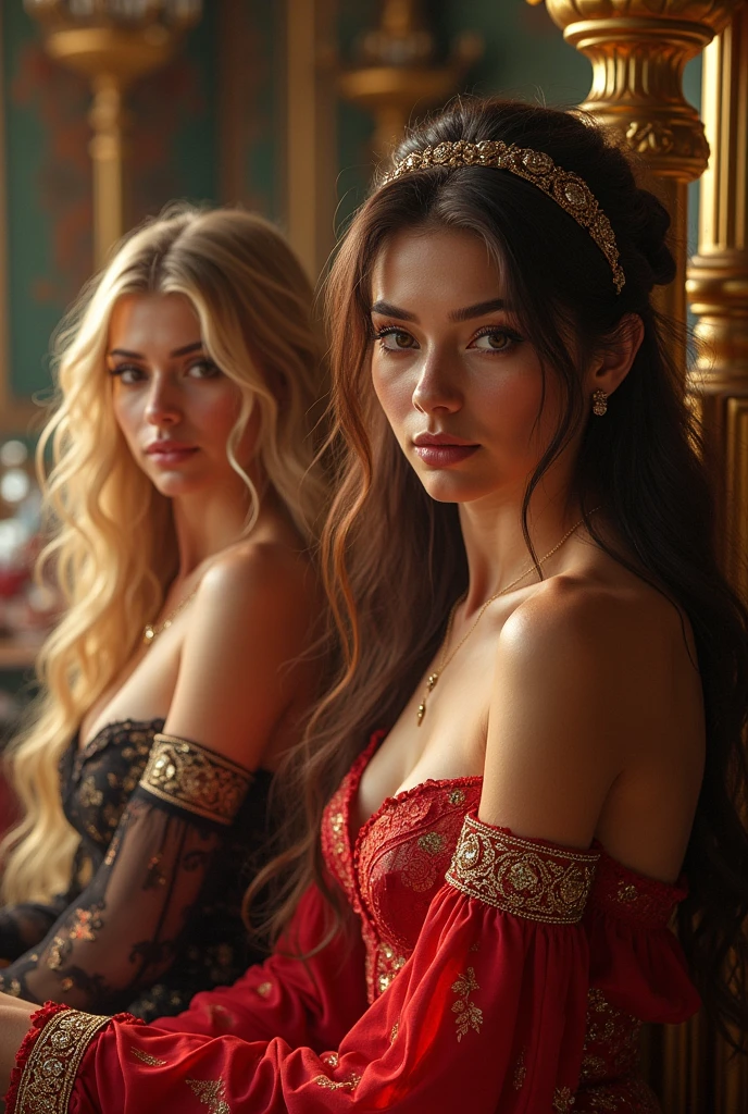 Create a harem of beautiful women, blondes, Brunettes, brunettes with luxurious silks and jewels