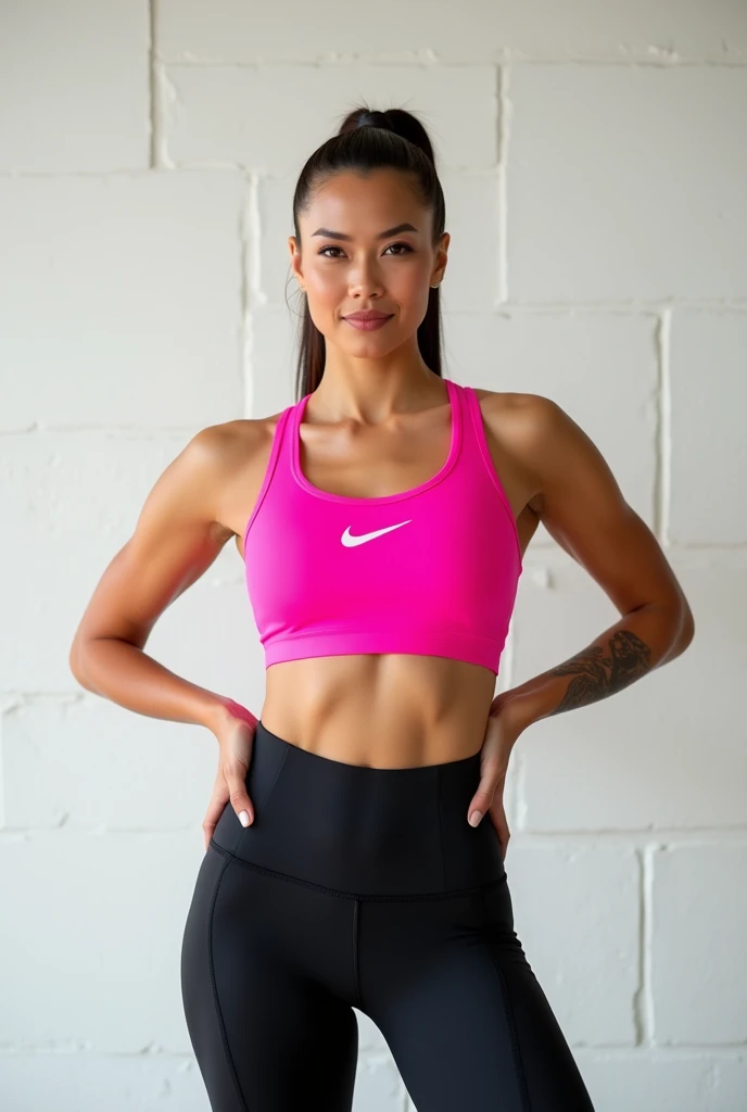 A confident, athletic woman wearing a bright pink Nike sports bra with a visible logo, showcasing a tattoo on her inner bicep. She has a sleek ponytail hairstyle and is dressed in black Nike Pro leggings. The scene is set against a plain, white textured wall background. The image is captured in a high-quality, photorealistic style with sharp focus and vivid colors, enhanced by professional studio lighting and physically-based rendering to highlight every detail, ensuring a polished and flawless finish