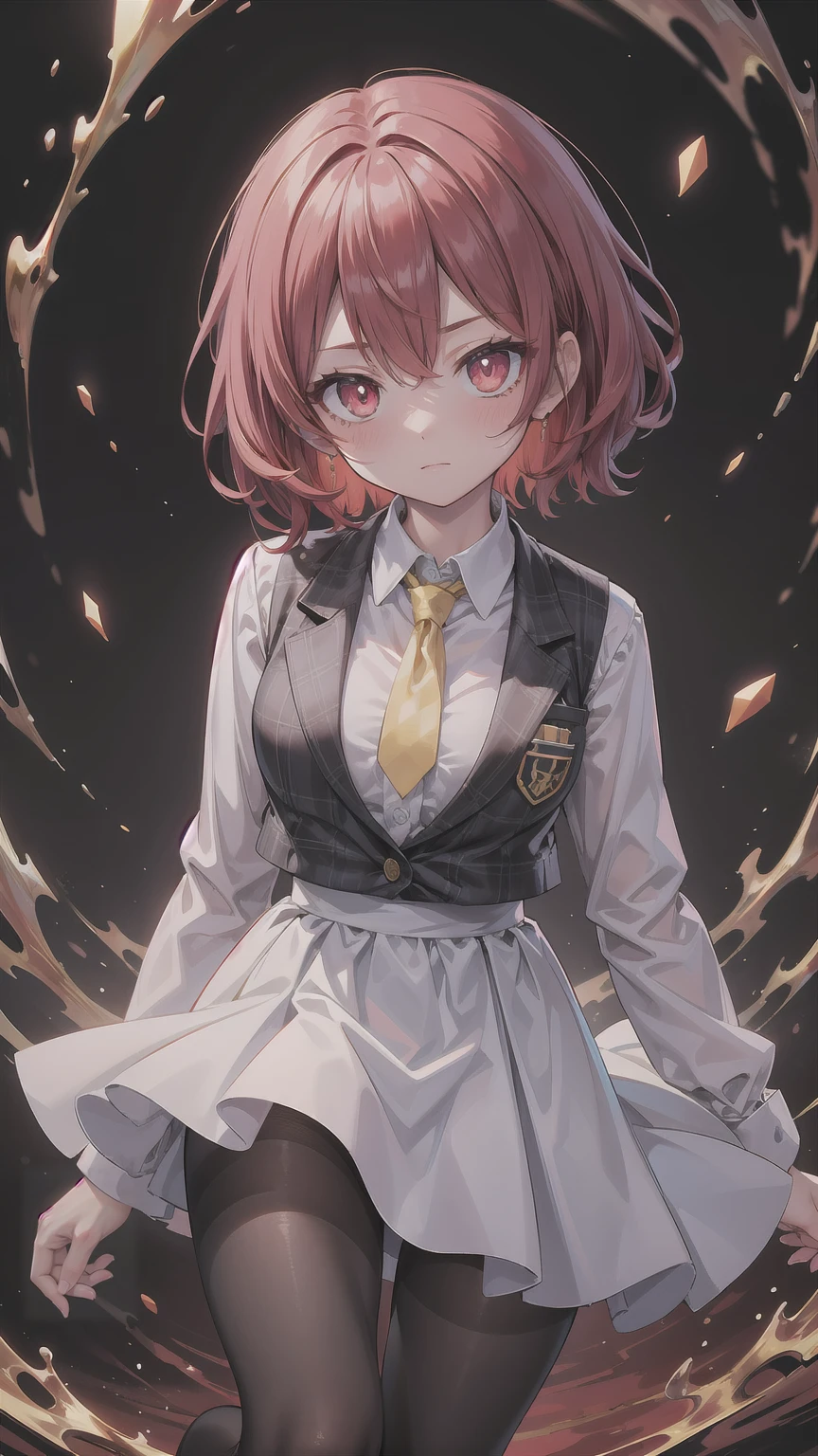 （（super high quality,Ultra-high resolution,16K,super masterpiece,Ultra HD ,Detailed shading,））One Woman,Wavy emerald short hair,White dress shirt,Long sleeve,Yellow ruffled tie,（Unbuttoned red checked vest,Checkered red very long skirt,）Black tights,Ruby glowing eyes,Vertical pupil,Sharp Eyes,I&#39;m worried,blush,Looking at this,a blue sky with clouds and sun,Sunflower field,