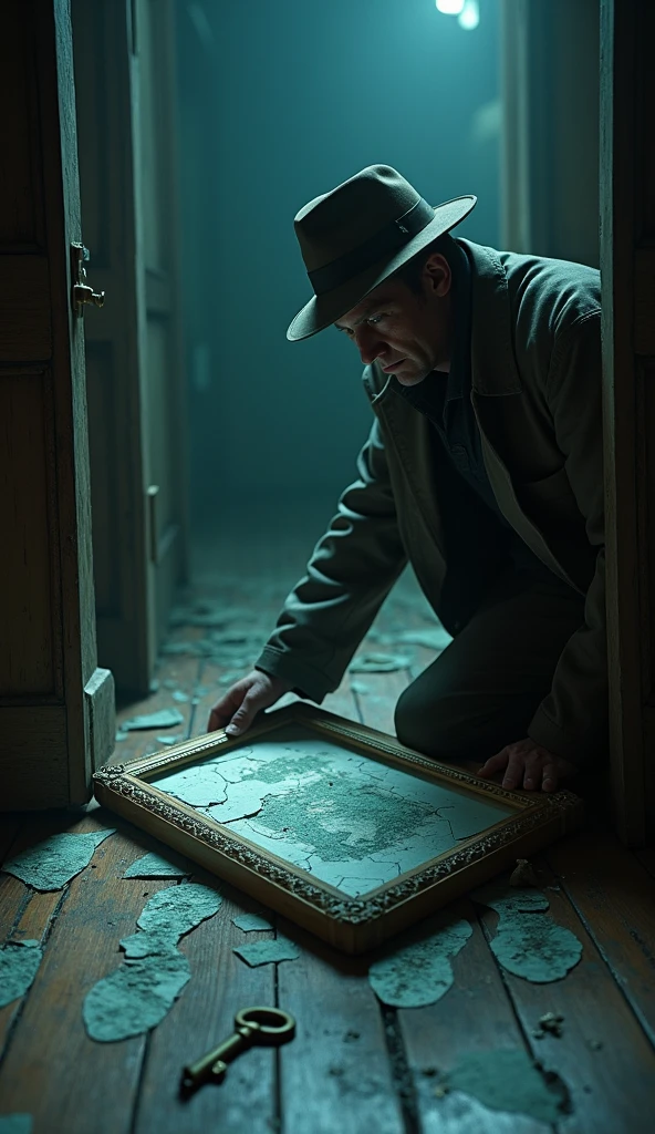Detective inspecting broken frame, strange footprints, and an old key on the floor).
