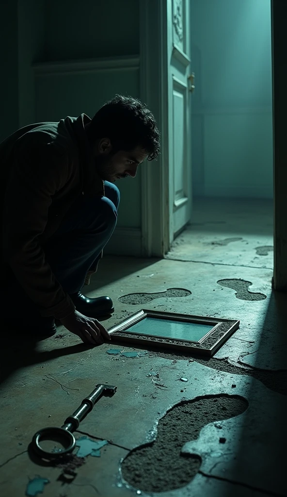 Detective inspecting broken frame, strange footprints, and an old key on the floor).
