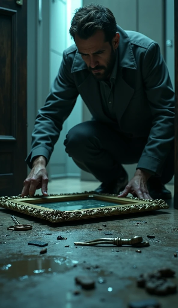 Detective inspecting broken frame, strange footprints, and an old key on the floor).
