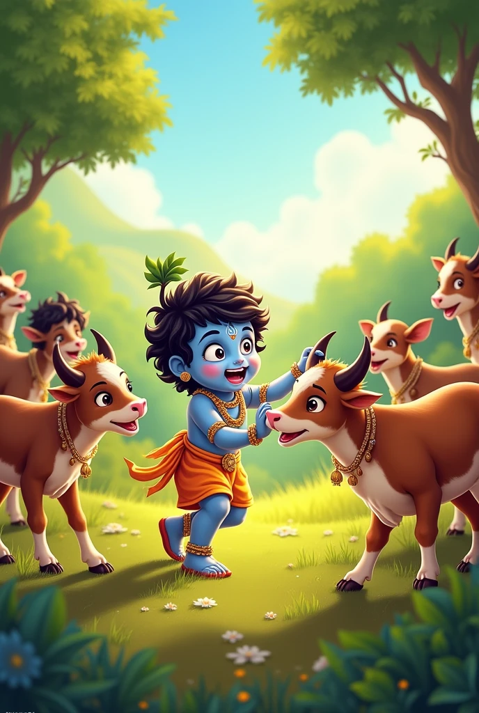 Little krishna play a game with calf and bis friends watching them