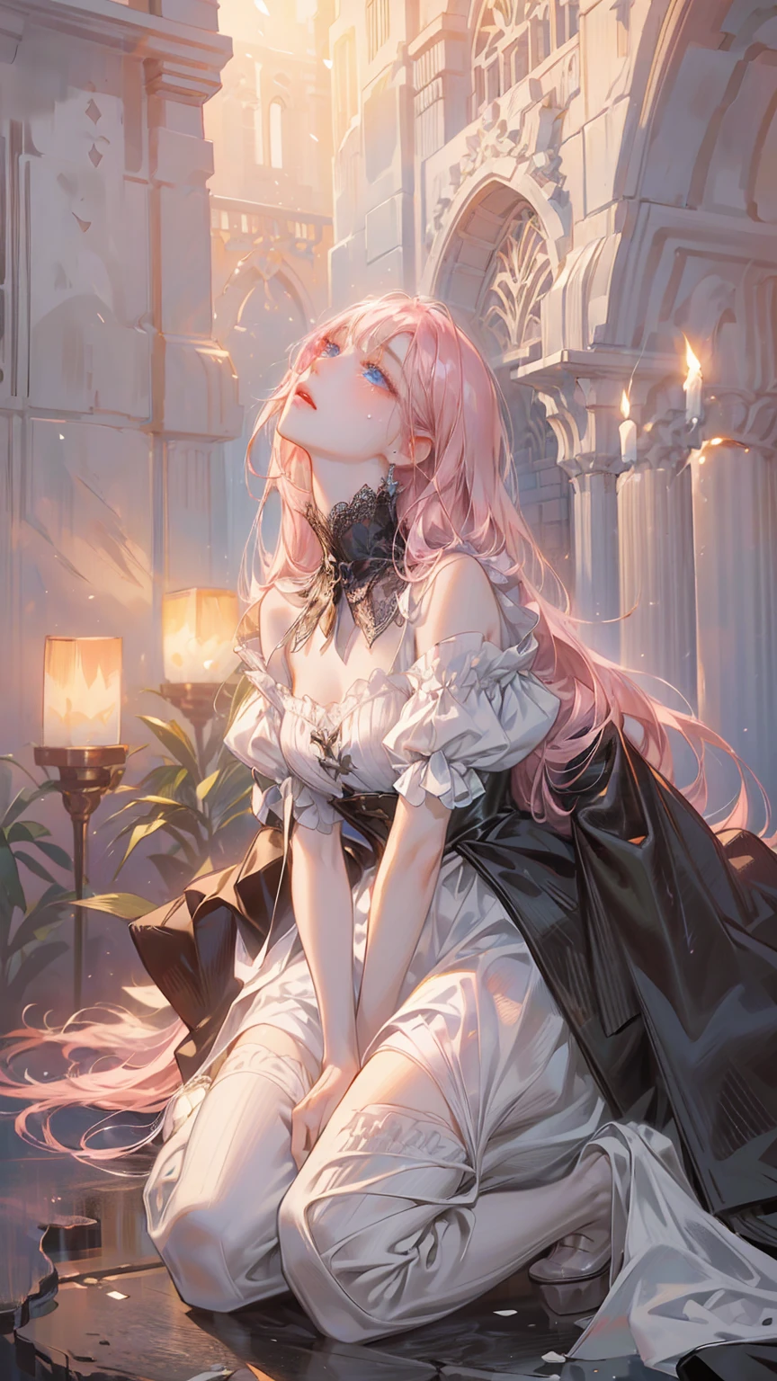 ((best quality)), ((ultra high definition)), ((masterpiece)), ((Romance Fantasy)), ((illustration)), (detailed), (clear), (Perfect), 1 woman, mature, beautiful, pure, sad expression, long pink hair with bangs, white skin, Sapphire blue eyes, Deep double eyelids, abundant eyelashes, Shedding tears, pretty lips, big bust, small waist, White dress with lace, Kneeling on the floor, Look up, marble floor, full body shot