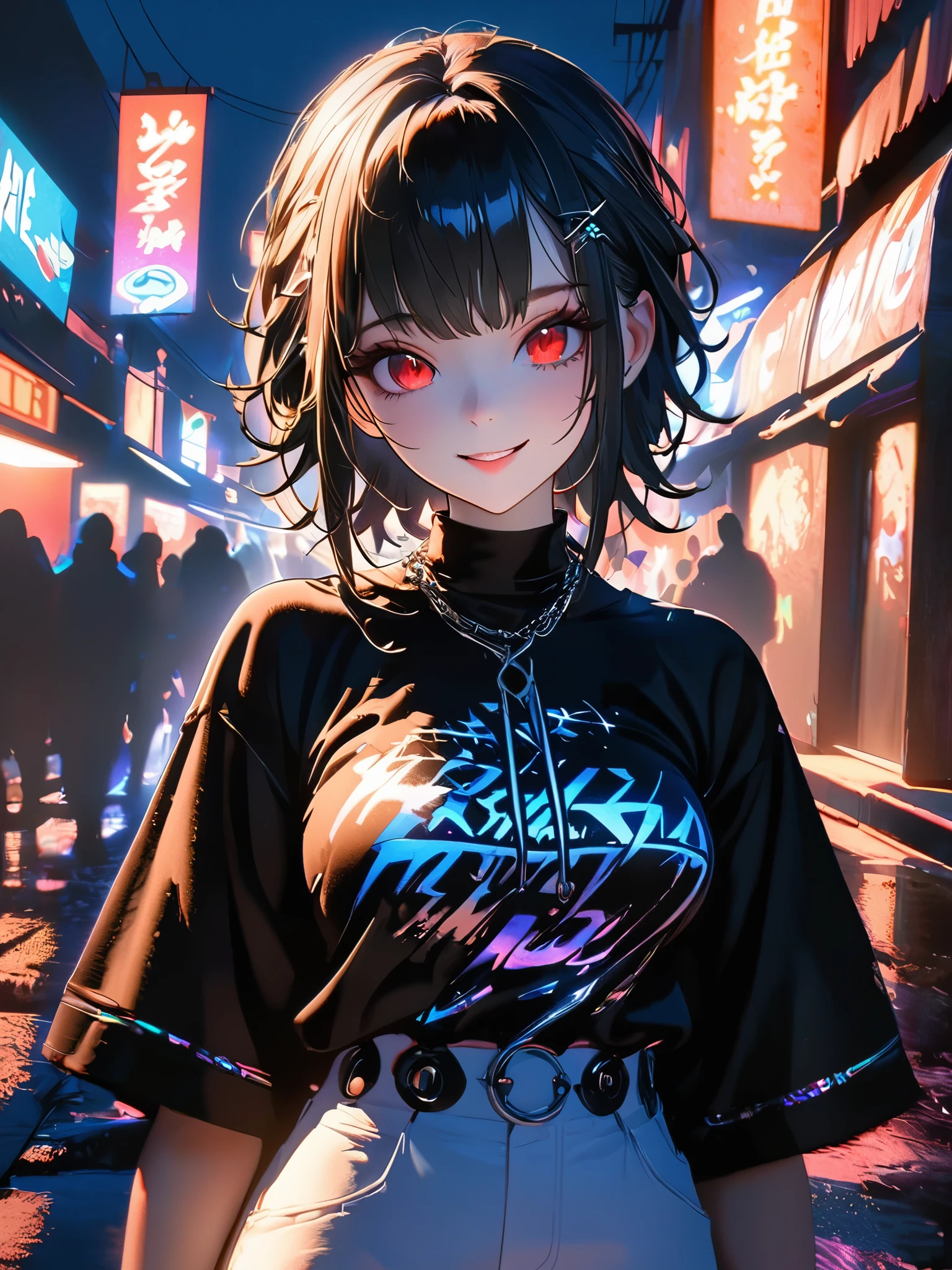 1 person, chromatic aberration, Written boundary depth, Soft Light, masterpiece, Highest quality, complicated, Tone Mapping, A place where fireworks are set off at festivals. Concept Art, Smooth, Clear focus, Dramatic lighting, Very cinematic, super practical painting, アートステーション's trending, 8k, Incredible Shadows, practical, whole body, View, Viewers, Portrait of a Girl 1, standing on street corner, Heavy rain and lightning、Dark Sky, neon and cyber punk background, she is dressed in punk clothing with silver chains and silver spikes, Her hair was dyed a bright black color..........Ominous aura of light, smile, punk, ciber punk, Backlight.Fashionable clothes、Friendly dress code:Wearing a cute white pants style.My breasts are a little big.Beautiful red eyes