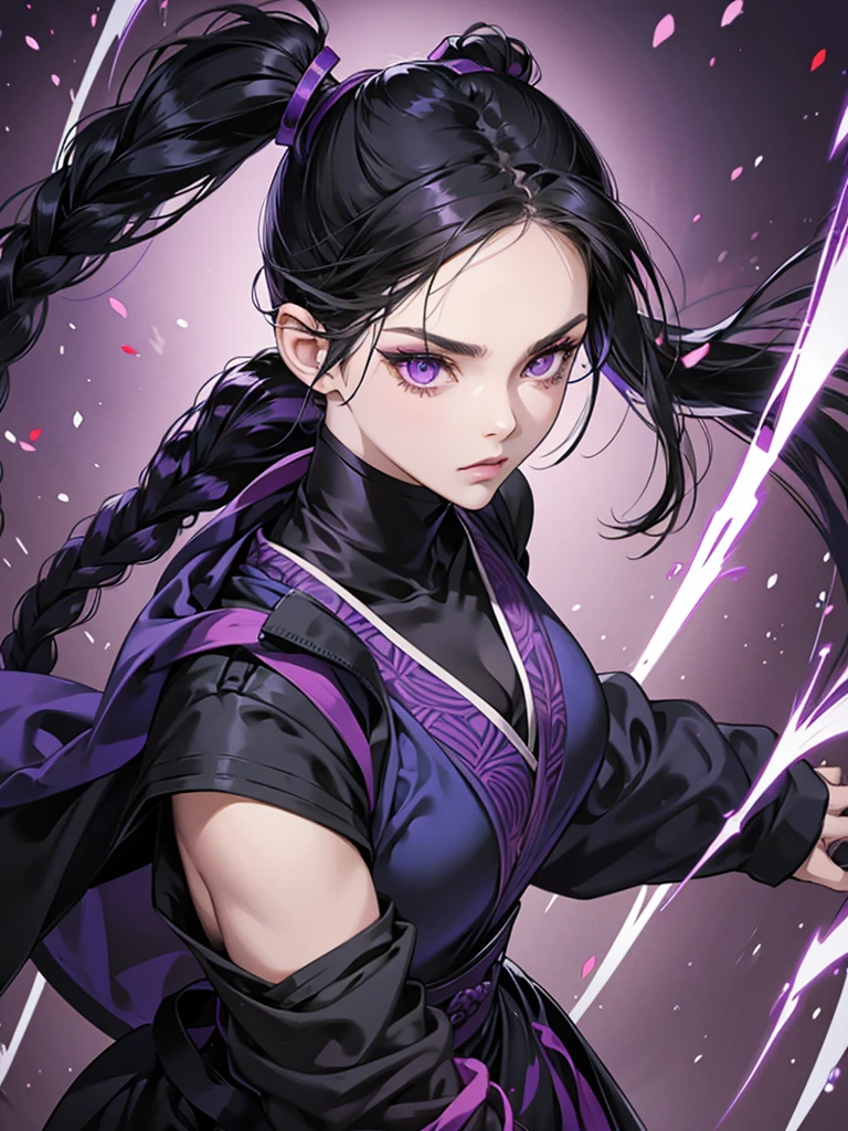 Anime woman. Ninja clothes. Black hair. Braided pigtails. Dark eyeshadow. Striking purple eyes. Purple and black clothes. Kitana.