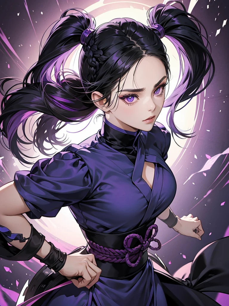 Anime woman. Ninja clothes. Black hair. Braided pigtails. Dark eyeshadow. Striking purple eyes. Purple and black clothes. Kitana.