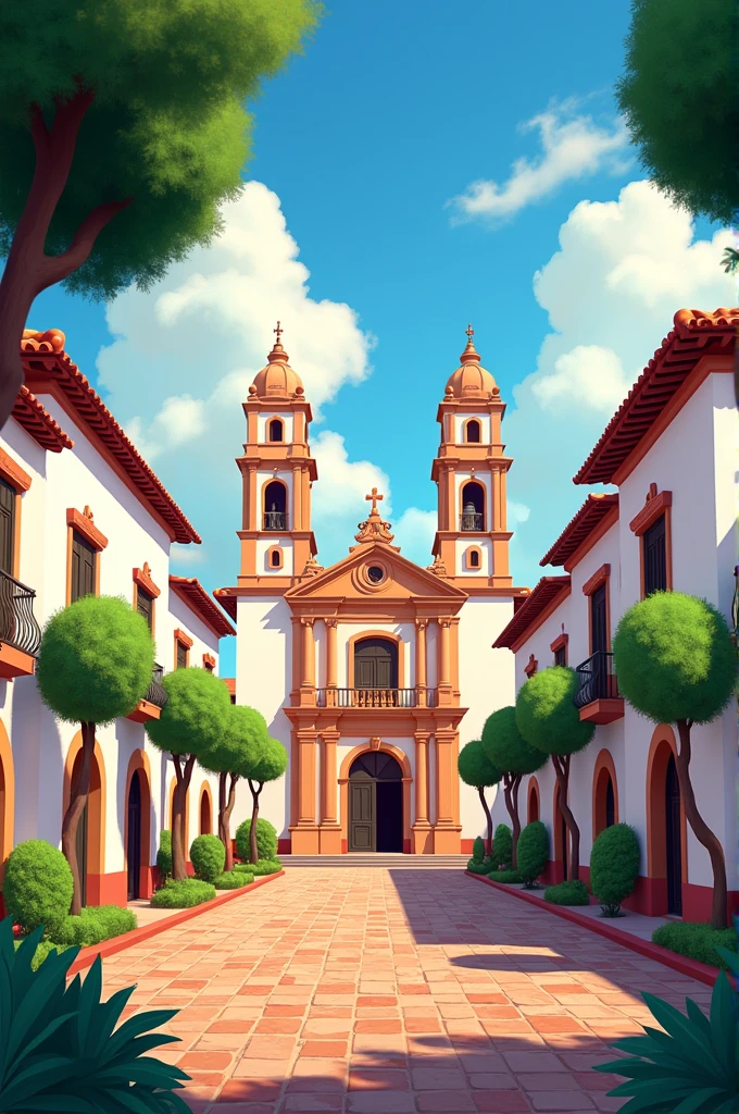 Plaza de Armas in Arequipa, Peru, only scenery without people in Disney Pixar drawing 