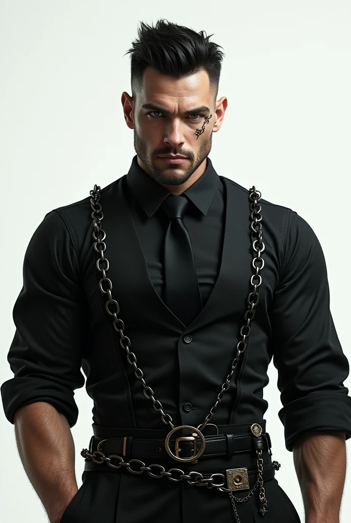 (masterpiece,bestquality,ultra_Detailed,highres,Absurd),1 male, 30-ish, (Wide shoulders), (muscular), male focus, bara, Black Hair, chains, shirt, Black tie, necktie, simple background, grey eyes, Upper body, vest, Short Hair Hair, looking at the audience, parted lips, collared shirt, long sleeve, black shirt, White background, Black vest, monocle, jewelry.