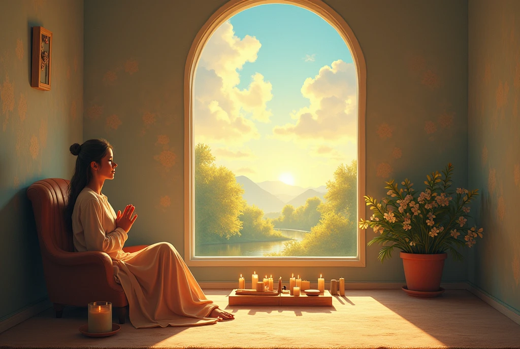 Create an inspiring scene that captures the essence of prayer. Imagine a peaceful and serene environment at dawn, with soft light filtering through an arched window into a warm and spiritual space. In the center, place a simple altar with burning candles, an open prayer book, and fresh flowers. In the background, a wall adorned with a subtle mural of a natural landscape, such as a forest or mountains, that transmits peace and serenity. Include a person sitting in a comfortable seat, in a prayer or meditation posture, with an expression of peace and contemplation. The color palette should be soft and soothing, with shades of blue, gold and green, to evoke a feeling of tranquility and spirituality.