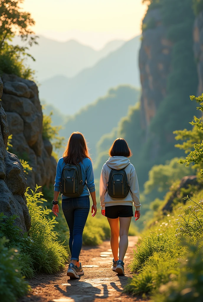 A scenic mountain trail near Mae Fah Luang University, with two young women hiking. One is in a blue shirt and jeans with long brown hair, and the other is in a white hoodie and black shorts with short black hair. The trail is surrounded by lush greenery and rocky terrain, and the morning sun casts a warm light on the scene.