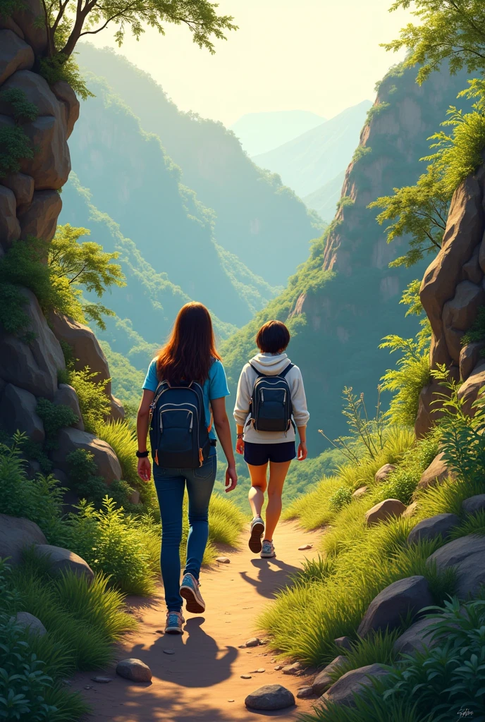 A scenic mountain trail near Mae Fah Luang University, with two young women hiking. One is in a blue shirt and jeans with long brown hair, and the other is in a white hoodie and black shorts with short black hair. The trail is surrounded by lush greenery and rocky terrain, and the morning sun casts a warm light on the scene.