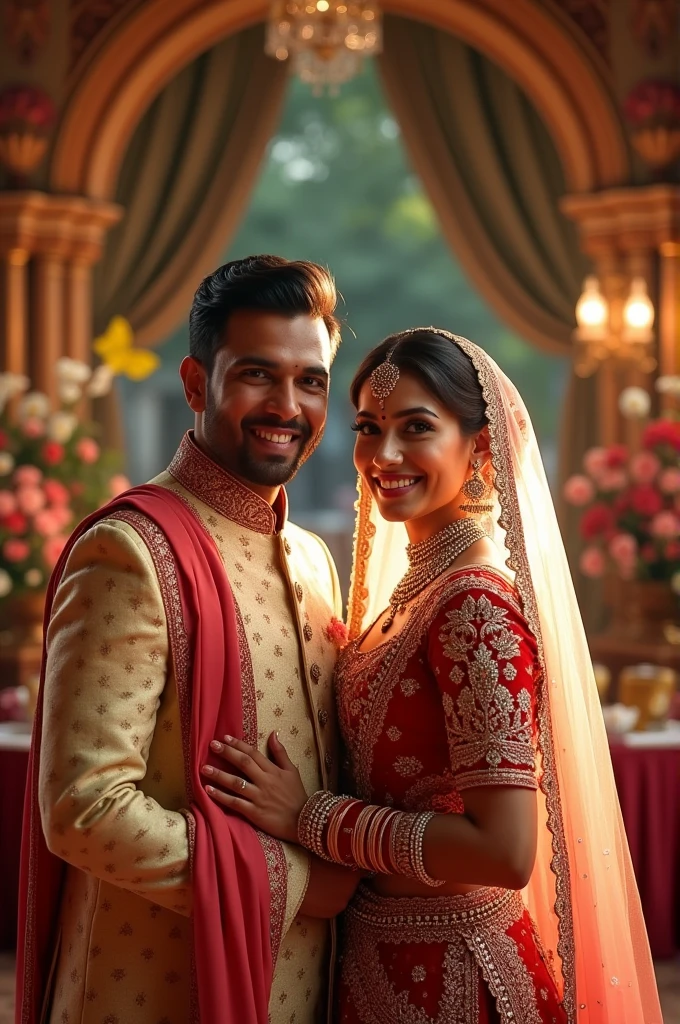 Imagine A Indian Style Wedding,,Where The Two Couple Are Smiling At Looking at The Camera