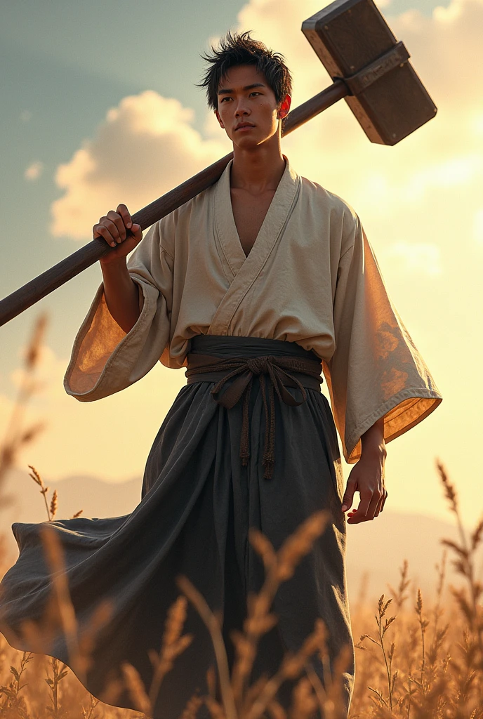 a young man of 1,70 meters in a Japanese kimono holding a combat hammer that is 2 meters long on his shoulders ,showing off his strength and muscles on a sunny day .