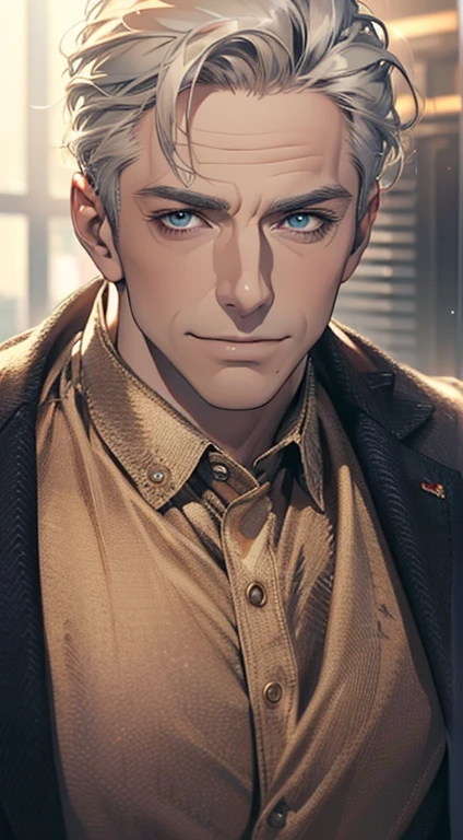 (best quality,4k,8k,highres,masterpiece:1.2),ultra-detailed,(realistic,photorealistic,photo-realistic:1.37),1 man,3,mature man,very handsome,without expression,smile,short grey golden hair,blue eyes,penetrating gaze,perfect face without errors,imposing posture,businessman,office background,cinematic lighting,hdr image