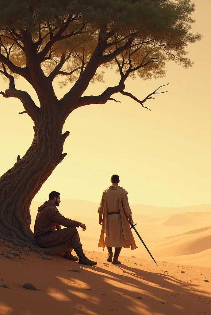 A man sits under a tree in the desert and another man with a sword asks him