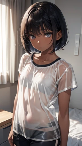 Black Hair、Very Short Hair、Light grey eyes、(Tanned brown skin)、((Dark Skin))、Flat Chest、thin、small、Primary school students、Plain T-shirt,((See-through)),Shorts,Bedside