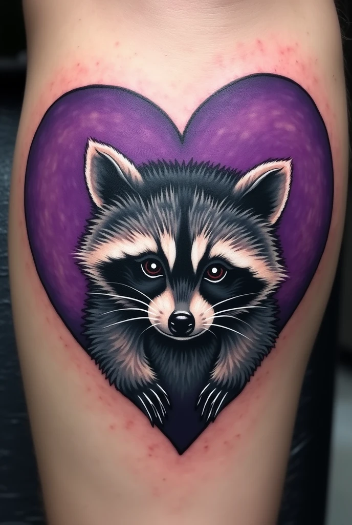 Tattoo of a purple heart with a raccoon inside
