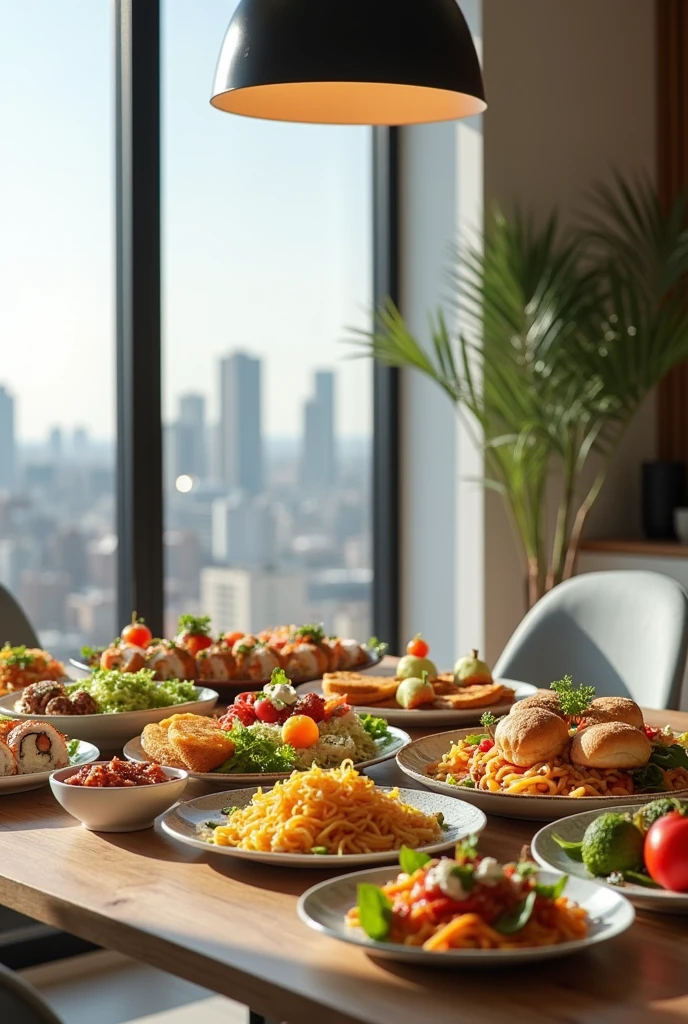 Modern and Minimalist Urban Setting: "A sleek and modern kitchen interior with minimalistic decor, featuring a well-set dining table with various delicious dishes like sushi, pasta, burgers, and salads. A light-filled urban apartment with a city skyline view in the background. The image should evoke a sense of freshness and convenience, perfect for an online food delivery homepage background."
Size: 1792x1024 (optimal for desktop use).