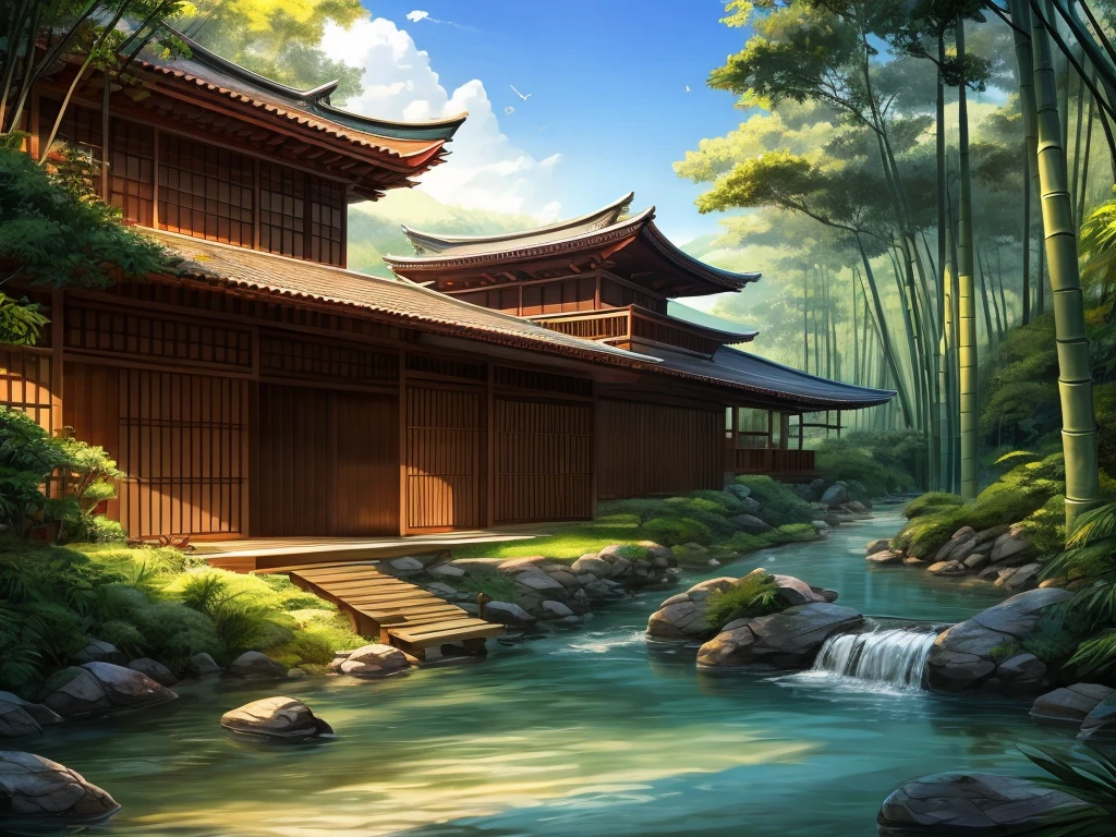 A traditional kunoichi dormitory building, inspired by Japanese architecture, with wooden structures and sliding doors. The building is surrounded by a tranquil environment, with a dense bamboo forest behind it. A crystal-clear river flows gently behind the building, reflecting the sunlight. The atmosphere is peaceful, with a soft breeze rustling the bamboo leaves. The sky is bright and clear, with birds flying above. The scene captures a balance between nature and the calm serenity of the kunoichi's residence.