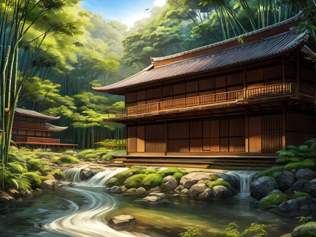 A traditional kunoichi dormitory building, inspired by Japanese architecture, with wooden structures and sliding doors. The building is surrounded by a tranquil environment, with a dense bamboo forest behind it. A crystal-clear river flows gently behind the building, reflecting the sunlight. The atmosphere is peaceful, with a soft breeze rustling the bamboo leaves. The sky is bright and clear, with birds flying above. The scene captures a balance between nature and the calm serenity of the kunoichi's residence.