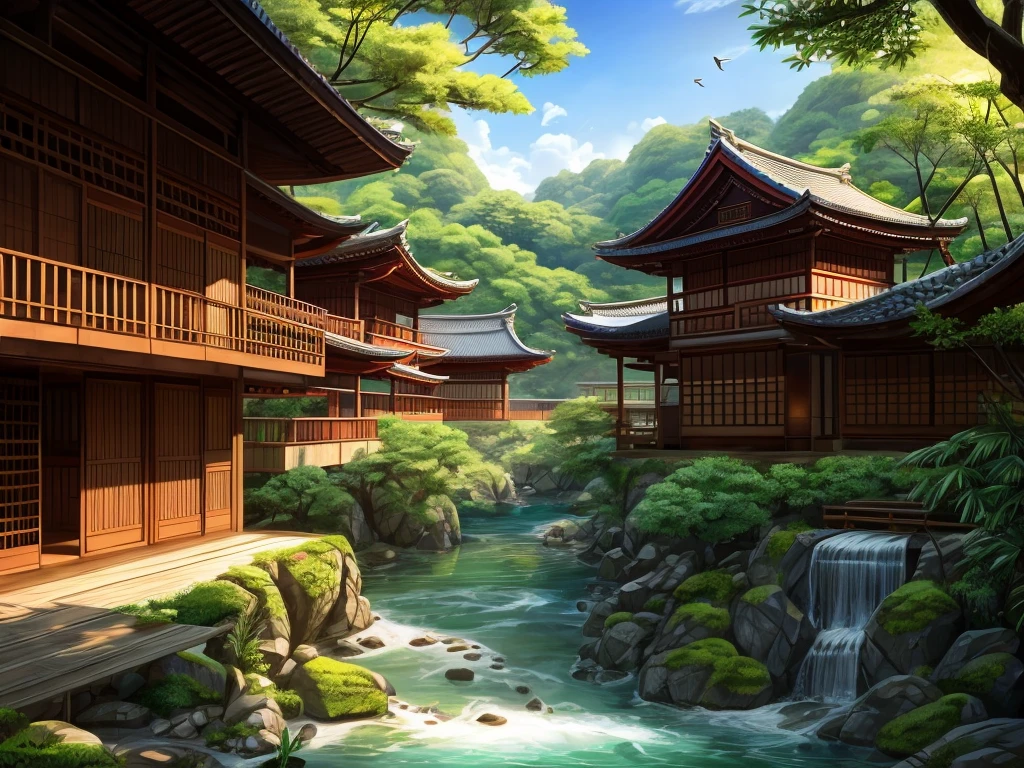 A traditional kunoichi dormitory building, inspired by Japanese architecture, with wooden structures and sliding doors. The building is surrounded by a tranquil environment, with a dense bamboo forest behind it. A crystal-clear river flows gently behind the building, reflecting the sunlight. The atmosphere is peaceful, with a soft breeze rustling the bamboo leaves. The sky is bright and clear, with birds flying above. The scene captures a balance between nature and the calm serenity of the kunoichi's residence.